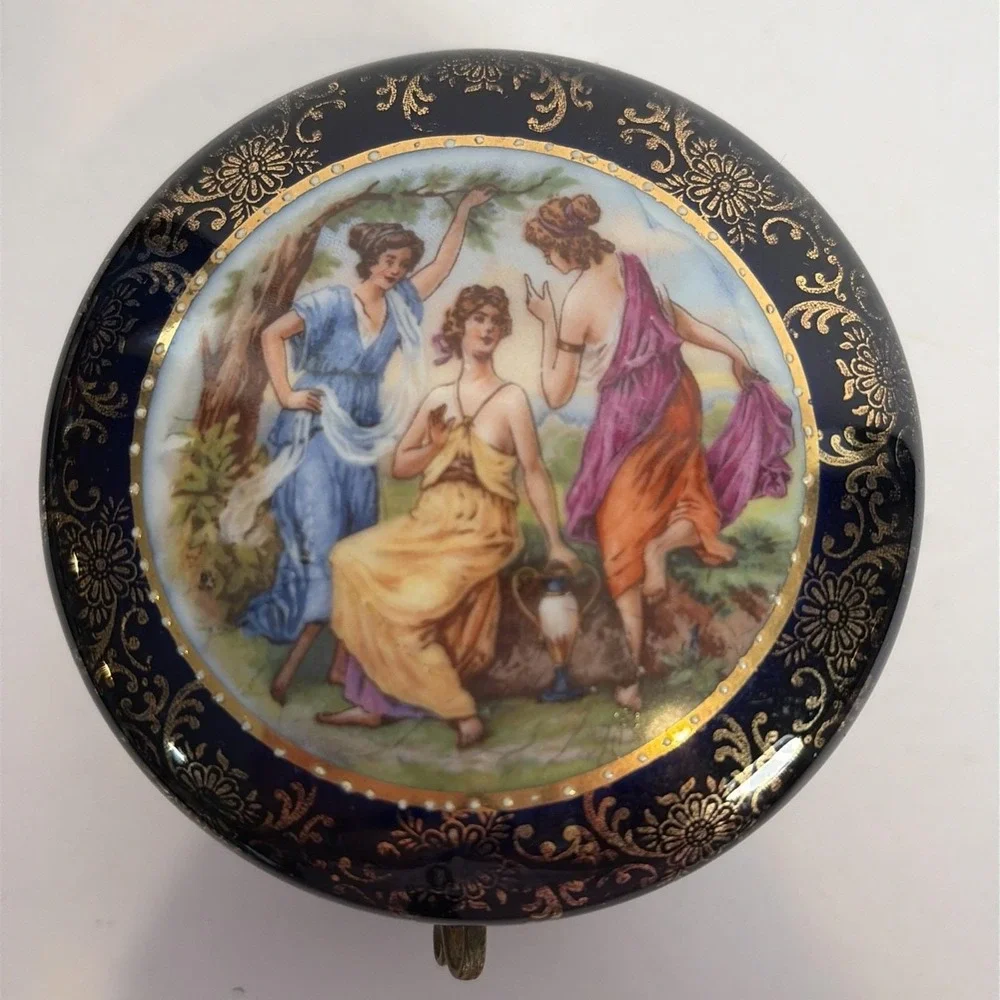Baroque Round Trinket Powder Hand painted Box Germany Mirror Inside